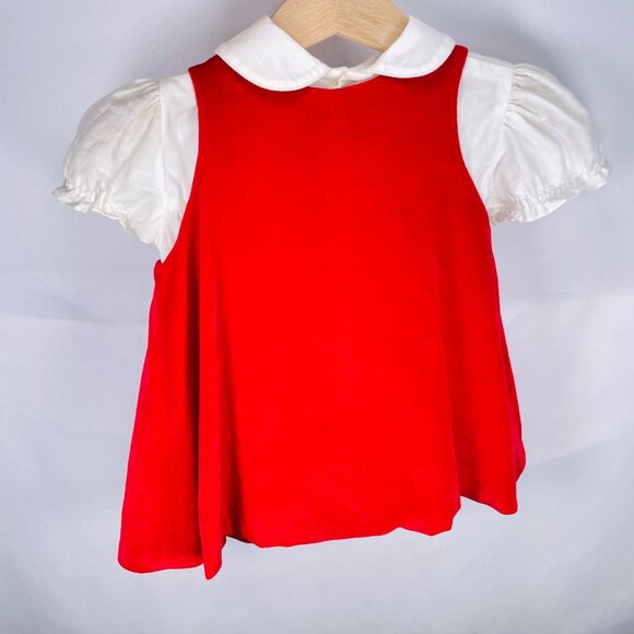 Vintage Baby Girl 2 Piece Red Velvet Dress + Puff Sleeve Shirt Outfit Set 12m - Picture 3 of 12